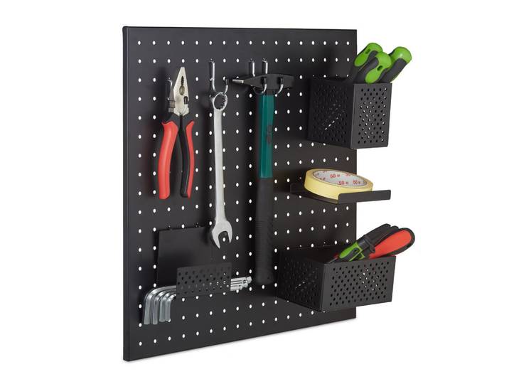 Relaxdays Werkzeugwand Schwarz Stahl 9-tlg.-Set, Metall, 13x45x45 cm, Freizeit & Co, Heimwerken, Werkstatteinrichtung
