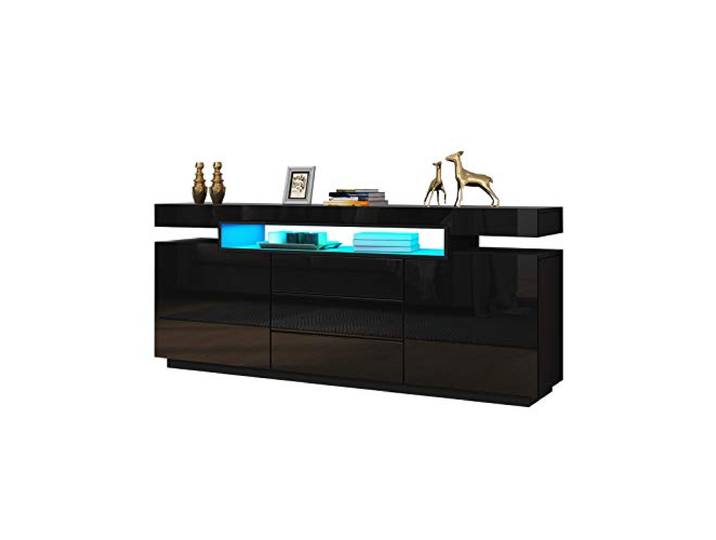 LED Sideboard für Wohnzimmer Hochglanz Buffet Schrank Vitrine Schwarz 160cm TV Einheit Stand, 2 Türen, 3 Schubladen, 4 Lichtmodi und 16 wechselnde Lichtfarben, TV Lowboard Möbel