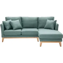 Skandinavisches 4-Sitzer-Ecksofa rechtsseitig mit abziehbarem, graugrünem Stoff und hellem Holz OSLO