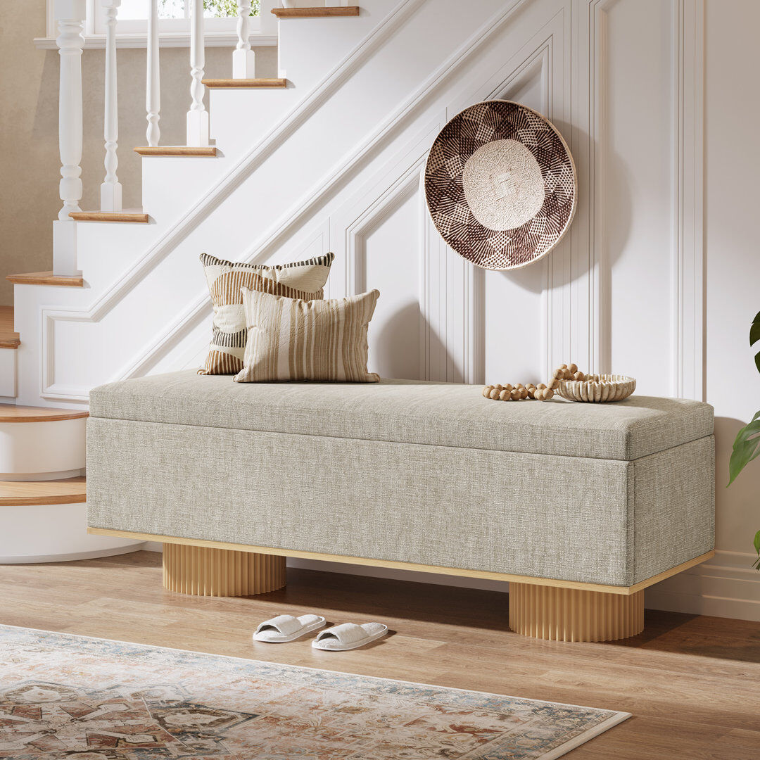 Blue Elephant Fabric Upholstered Bench with Cabinet Beige 45cm H X 128cm W X 43cm D