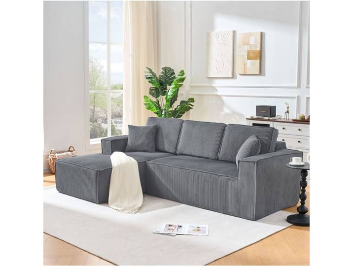 VUENOR Canape d angle compresse en L 235 x 128 x 60 cm gris velours cotele avec chaise longue