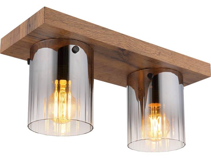 Plafonnier\, aspect bois\, verre fumé\, 2 flammes