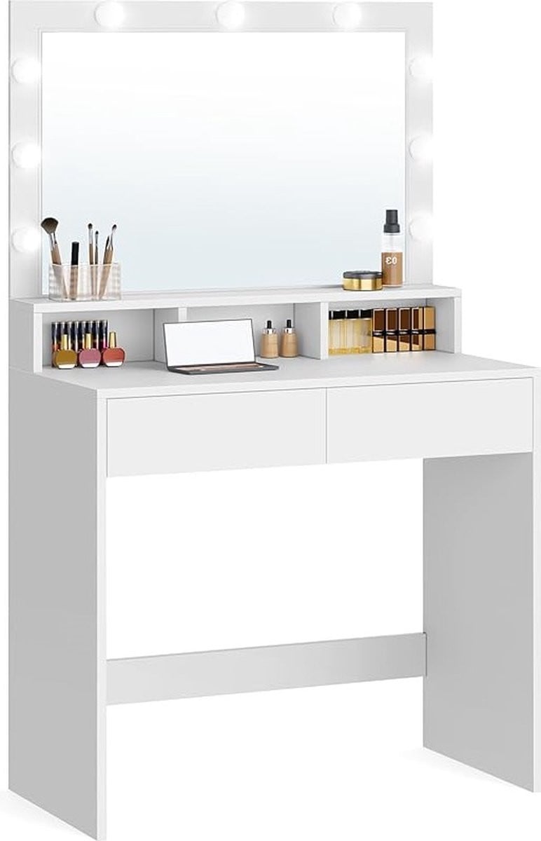 Furnihaus Kaptafel met spiegel en 9 LED lampen met instelbare lichtsterkte, wit