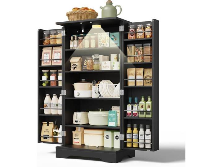 Armoire de cuisine - Compartiments de rangement avec lumière LED - armoire de rangement à 2 portes avec étagères réglables