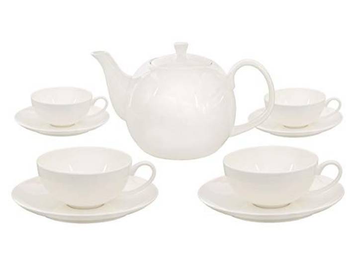Buchensee Teeservice aus Fine Bone China Porzellan. Teekanne in fein-cremigem Weiß mit 1,5l Füllvolumen, 4 Teetassen und 4 Unterteller.