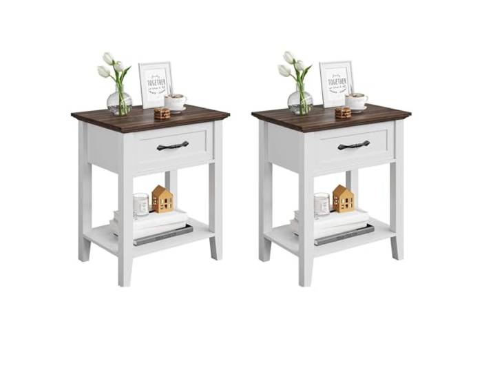 Euker Platzsparendes Nachttisch-Set (2er) – Nachtschrank mit Schublade & 2 Ablagen – Holzoptik, Stauraum, einfache Montage – Farbe: Weiß (Kontrastfarbe), 2er-Set