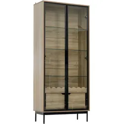MODFU Hochschrank MDF Schwarz/Natur mit verstellbaren Regalen, Glasfach und Schublade