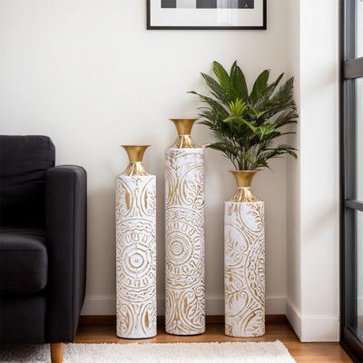 Glamorous White Metal Vases Set of 3, Large Decorative Cylindrical Vases for Home Decor, 24in/28.7in/33.5in, Elegant Geometric