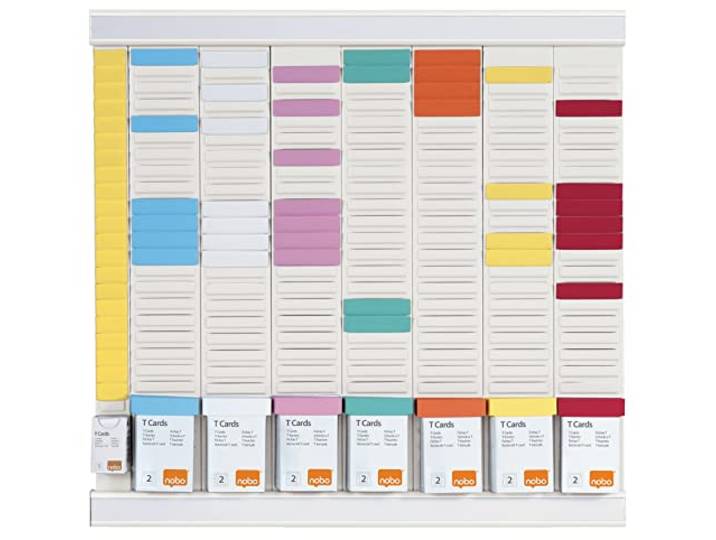 Nobo\, Kit Planning fiches T Hebdo \, 7 Colonnes\, 24 fentes Indice 2\, Mural Planning hebdomadaire mural à fiches T\, 7 colonnes\, 24 fentes indice 2\, fiches multicolores\, cadre aluminium robuste.