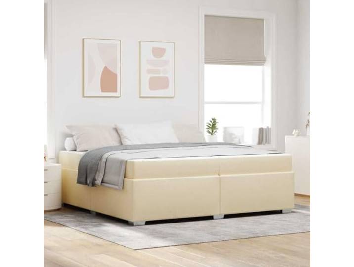 RJPLMFV Bettgestell, 200 x 200 cm, mit Matratze, Stoff, cremefarben Atmungsaktiver Stoff, Holz, Taschenfederkernmatratze, mittlere Härte, modernes Design