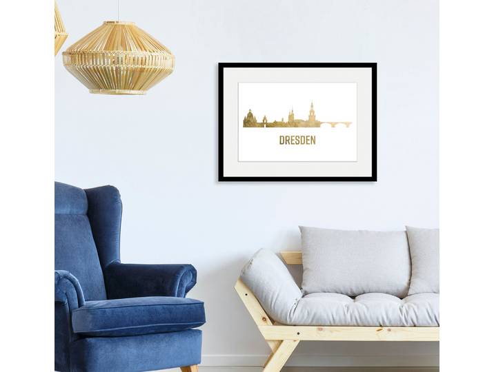Bild QUEENCE Dresden Skyline GOLD , gold (farbe rahmen: schwarz, farbe bild(er): goldfarben), B:70cm H:50cm, Acrylglas, Holz, Papier, Bilder, Bild, HD Premium Poster-Druck inkl. Holzrahmen
