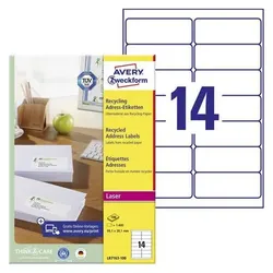 Avery, Etiketten, Recycelte Adressetiketten LR7163-100 99.1 x 38.1 mm Weiss 1400 Labels