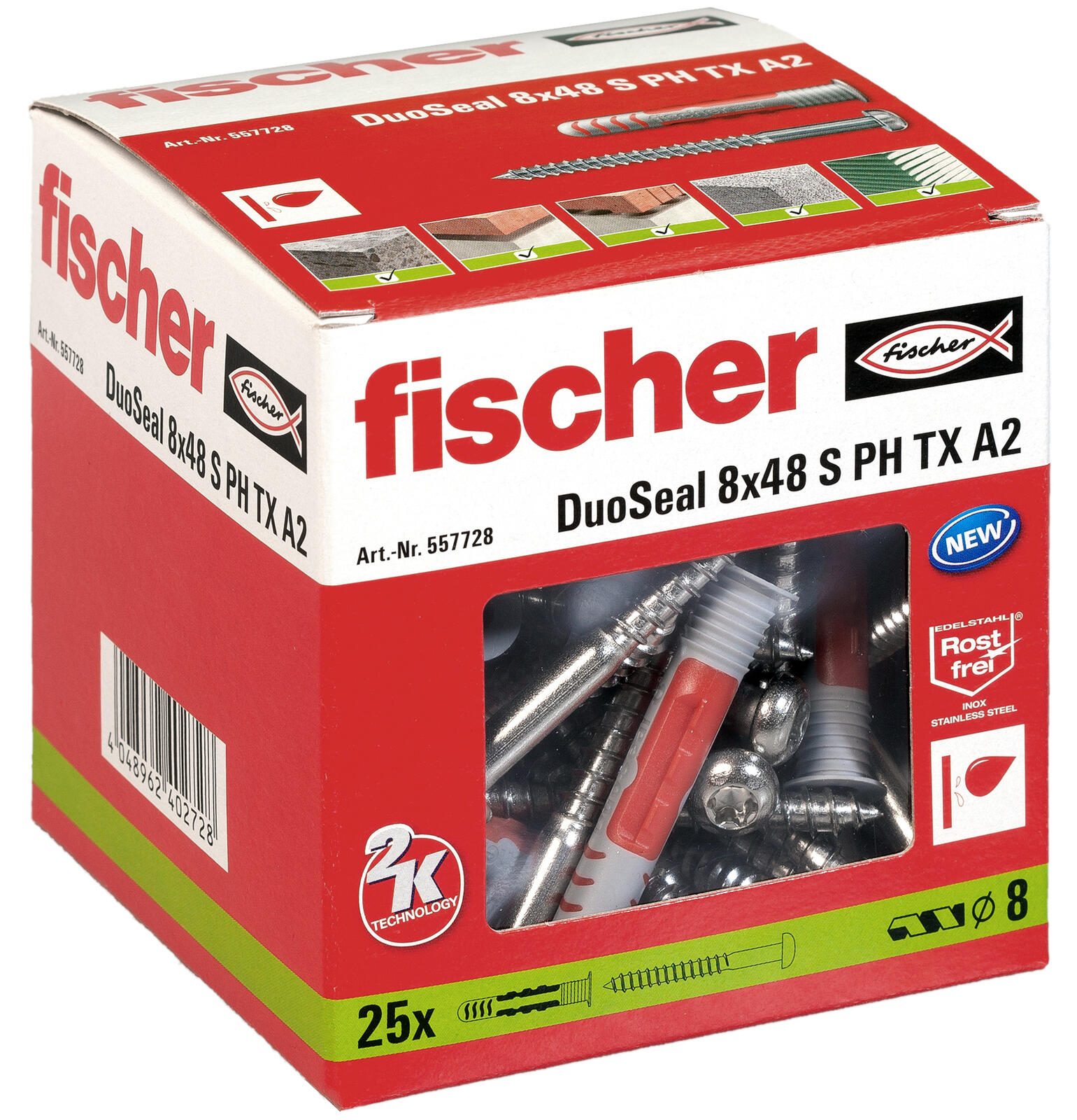 fischer DuoSeal 8x48 S PH TX A2 Dübel mit Schrauben 8 x 48 mm, 25 Stück 557728