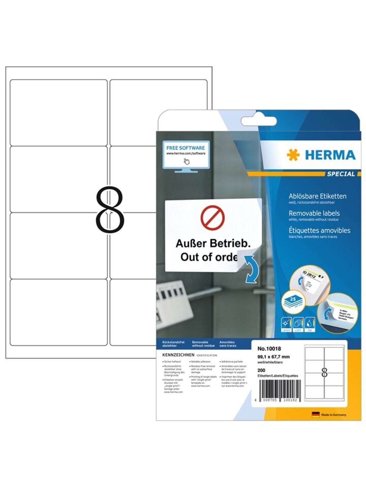 HERMA Ablösbare Adressetiketten A4, 99,1 x 67,7 mm, weiß, blickdicht
