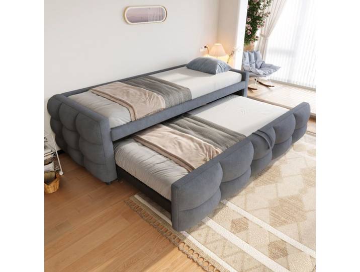 MEUBLIV Lit capitonné enfant 90x190 cm avec lit gigogne peluche gris sans matelas