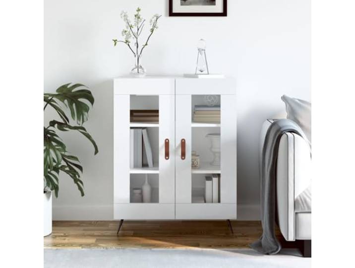 HEFZGDB Weißes Sideboard mit Glastüren zur Aufbewahrung und Präsentation aus Holzwerkstoff mit Metallfüßen und viel Stauraum im Glasdesign