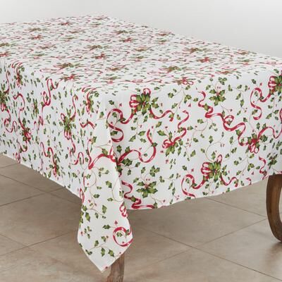 Saro Lifestyle Holiday Tablecloth With Holly and Ribbon Design