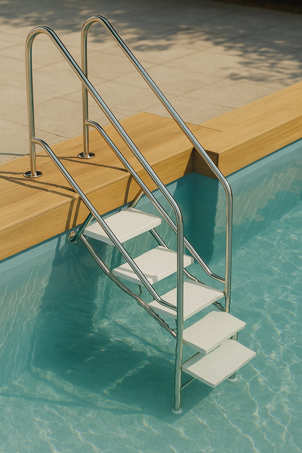 Eichenwald Ideal Edelstahl Eichenwald Pooltreppe Modell 08.1 Miami Beckentiefe 1799mm Ausladung 1838mm 8 Edelstahl Waffelblech-Stufen
