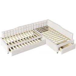 OKWISH Polsterbett aus MDF und Flanell, Beige, 295,5 x 95,5 x 57,5 cm, gewerblich geeignet, L-Form mit Ausziehbett und Schubladen