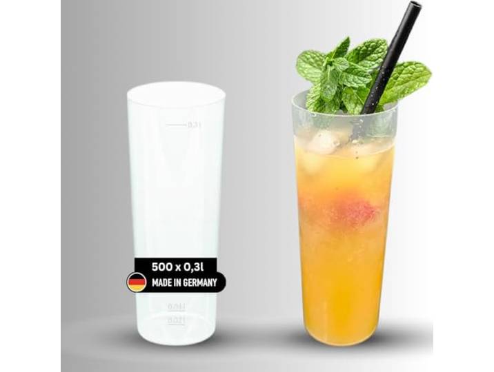 DeinPack 500 Longdrinkbecher Mehrwegbecher 300ml Made in Germany Getränkebecher mit Eichstrich wiederverwendbar Transparent aus PP Trinkbecher 0,3l Bierbecher Partybecher