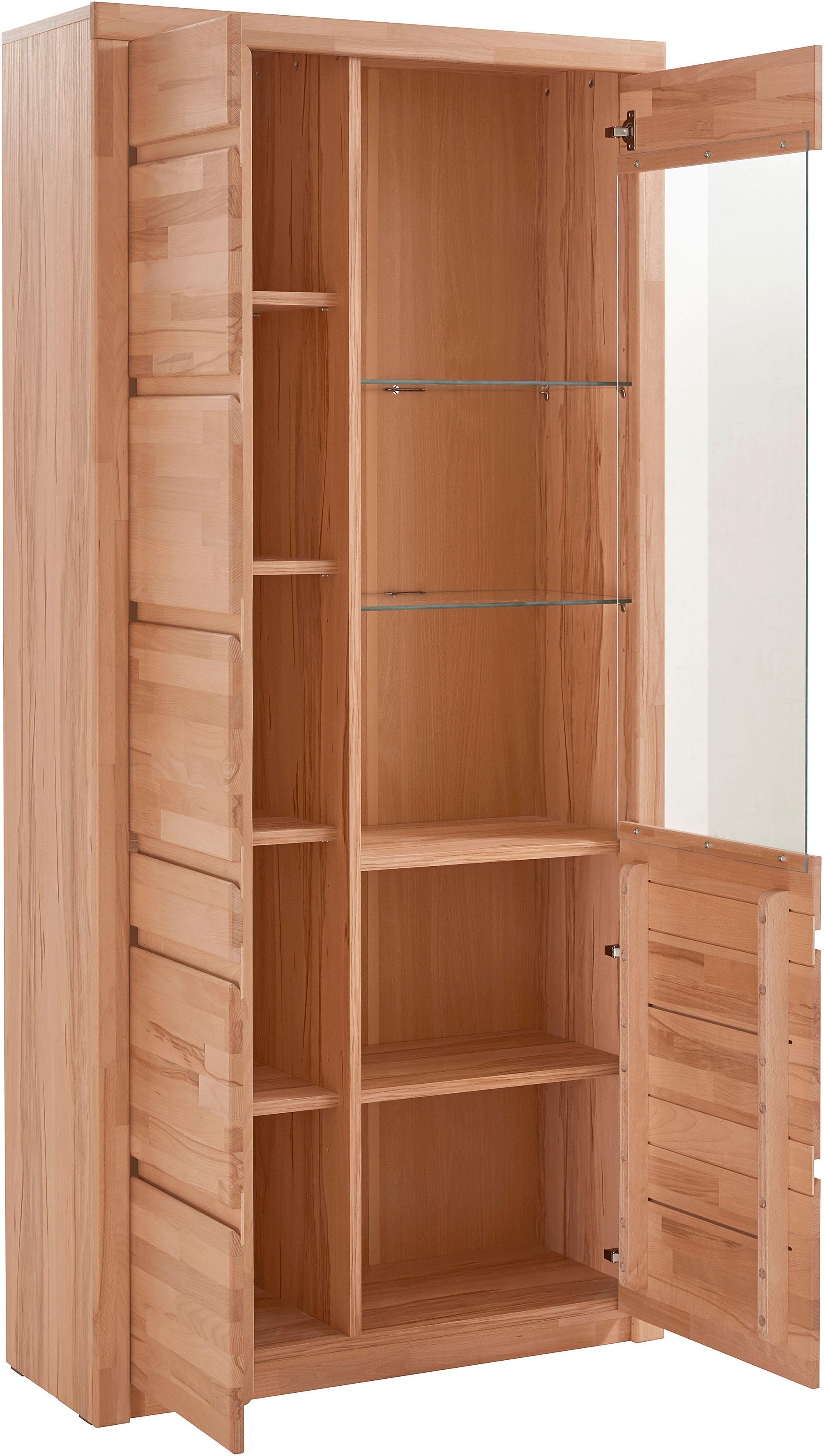 Vitrine GOODPRODUCT "SILBEKORG B/T/H: 90/35/190cm, Fronten & Leisten aus Massivholz", beige (kernbuche teilmassiv), kernbuchenfarben, Holzwerkstoff kernbuchefarben (Korpus)/ Massivholz Kernbuche (Front), Holz teilmassiv, Schränke, Vitrine, 10 Fächer, vari