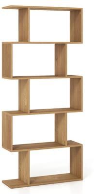 Costway 5-Tier S-Shaped Bookshelf with Anti-Tip Kit for Living Room Home Office-Narural
