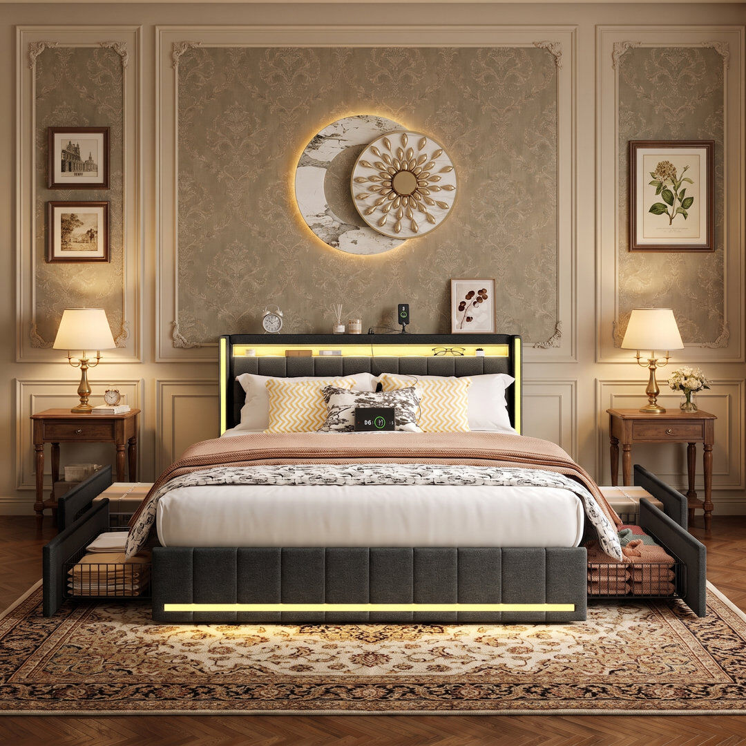 Metro Upholstered Double Bed Frame With 4 Storage Drawers And Headboard, Platform Bed With LED And Charging Station, No Mattress, (Linen) Grey European Double (140 x 200 cm)