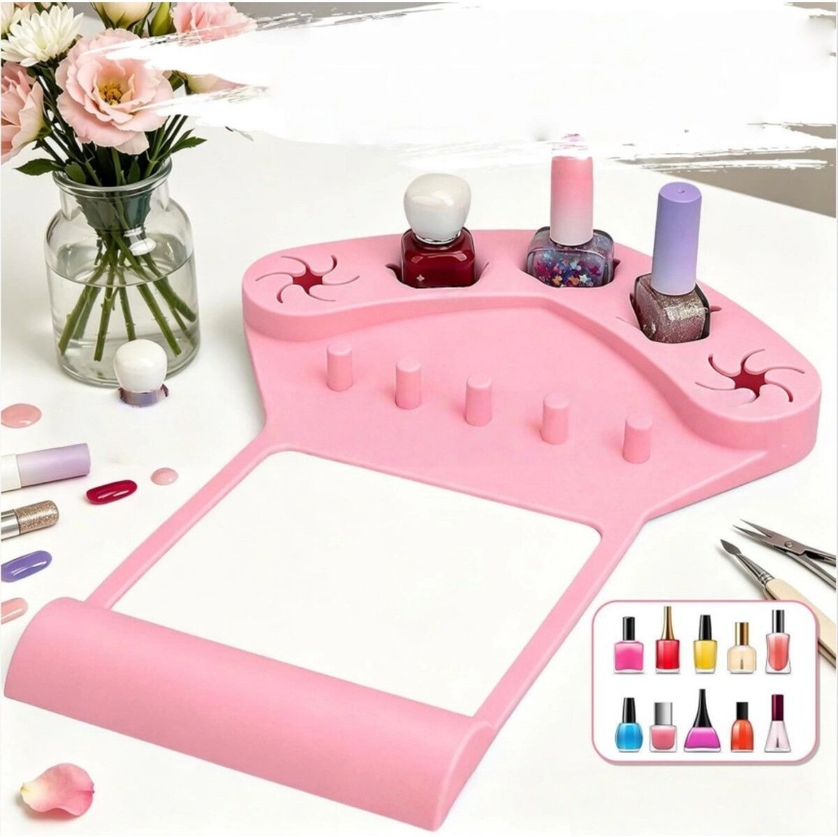 INF 3-in-1 Silikon Nagelmatte mit Flaschenhalter, Fingertrenner und verstellbarer Handgelenkstütze — wiederverwendbares Rosa