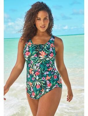 Plus Size Women's Sarong-Front Swimsuit by Swim 365 in Oasis Floral (Size 16)