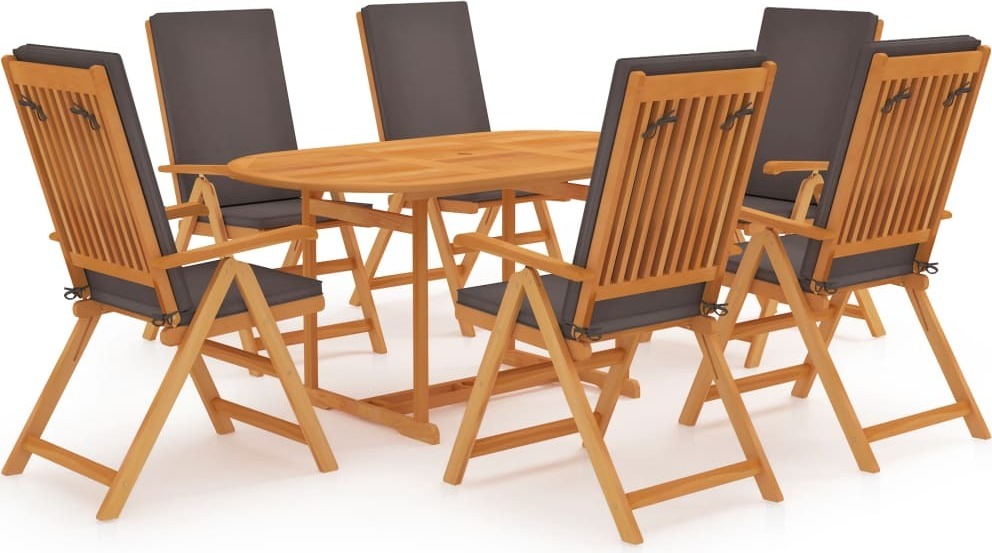 7-tlg. Garten-Essgruppe mit Grauen Kissen Massivholz Teak