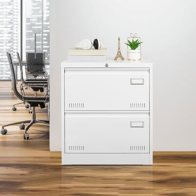 Ostweer Modern Filing Cabinet Lateral Filing Cabinet, Metal Filing Cabinet with 2 Drawers and Lock, for Home Office, White