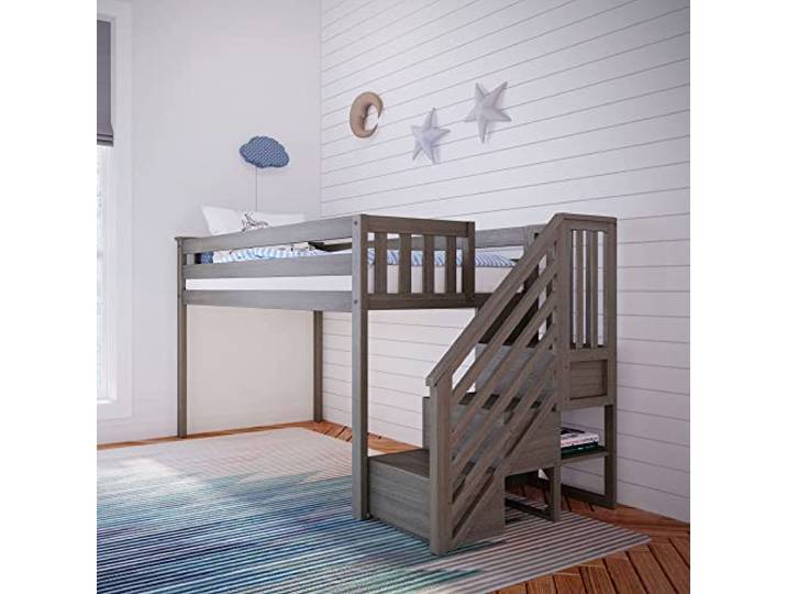 Max & Lily Halbhochbett mit Treppe inklusive Stauraum, aus neuseeländischem Kiefernholz, inklusive Lattenrost, 90x200cm-Bettgestell, für Jungen und Mädchen, braun-grau