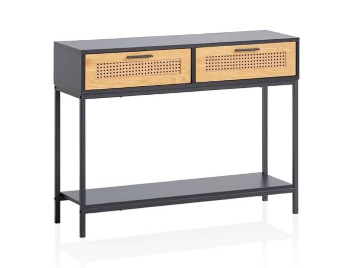 WOHNLING Konsolentisch 100x30x75 cm Schwarz mit Wiener Geflecht Anrichte schmal mit Schubladenfronten in Rattan-Optik, Flurtisch puristisch, Ablagetisch für Flur und Wohnzimmer