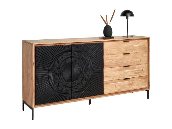 Ambia Home Sideboard, Schwarz, Akazie, Holz, Metall, Akazie, Mangoholz,Akazie, Holz, 1 Fächer, 4 Schublade(n) Schubladen, 175x90x40 cm, stehend, Holzmöbel, Kleinmöbel Holz, Holzkommoden, Sideboards Holz