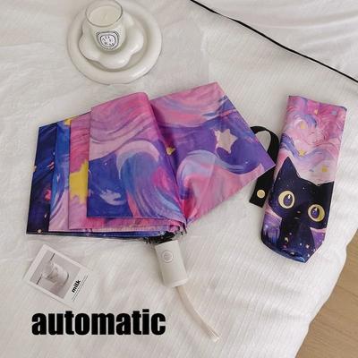 Uplift Picks Automatic Cat Print Sun And Rain Umbrella Portable UV Protection Travel Umbrella automatic Purple 8k