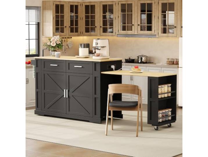 Merax Kücheninsel Freistehend mit Scheunentor-Design & Ausziehbare Arbeitsplatte, Küchenschrank mit Rollen & Verstellbarem Einlegeboden & USB, Küchenwagen mit Schubladen, 205cm, Schwarz