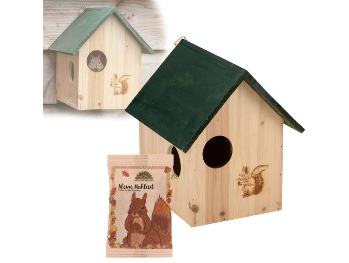 2er-Set Eichhörnchenhaus aus Holz & Eichhörnchenfutter Kleine Mahlzeit