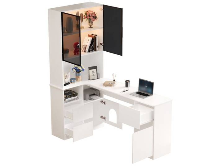 LPOSPI Bureau d'Angle avec Vitrine LED et Passe-Câbles - LPOSPI - Étagère 3 Tiroirs MDF Blanc 120 × 80 × 180 cm