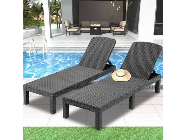 Lot de 2 Bains de soleil -Chaise longue de jardin design imitation rotin inclinable pour piscine et terrasse gris foncé