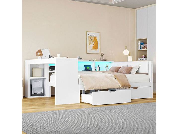 Lit plateforme - YEHTOKHOME - Lit plateforme 140x200 cm - 2 tiroirs - 2 prises & 2 USB - LED 7 couleurs