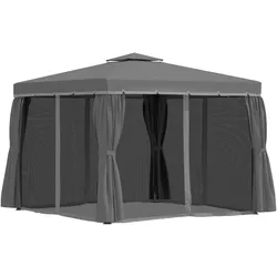 MODFU Gartenpavillon Aluminium dunkelgrau 296x296x270 cm mit Doppeldach, Vorhängen und Moskitonetzen