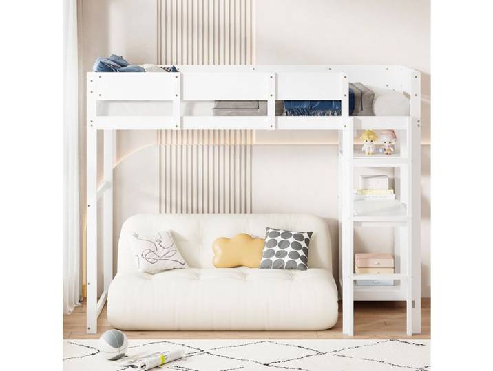 Hochbett pour enfant et adolescent – Blanc – 90 x 200 cm – Pin massif – Avec étagère et sommier à lattes