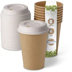 BIOZOYG 250 Stück Kaffeebecher mit passenden Pappdeckeln 300ml / 12oz Einwegbecher Pappbecher Kaffeetassen ungebleicht kompostierbar nachhaltig