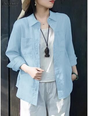 Uplift Picks ZANZEA Womens Oversized Button Up Shirt Casual Long Sleeve Cotton Overshirt blue xxl