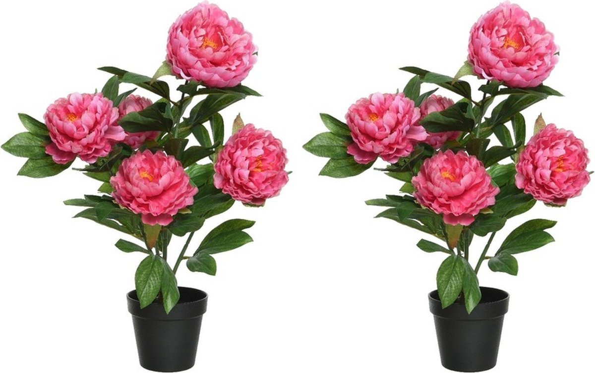 Set van 2 roze kunstpioenrozen in zwarte plastic pot, hoogte 57 cm