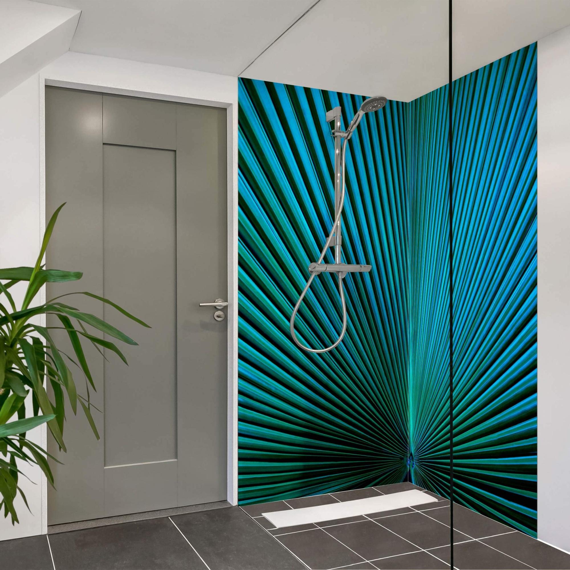 Duschrückwand Natur selbstklebend - 0.61 mm Wandpaneel wasserfest Palme türkis Tropisch Badrückwand fugenlos Premium matt 110x190 cm
