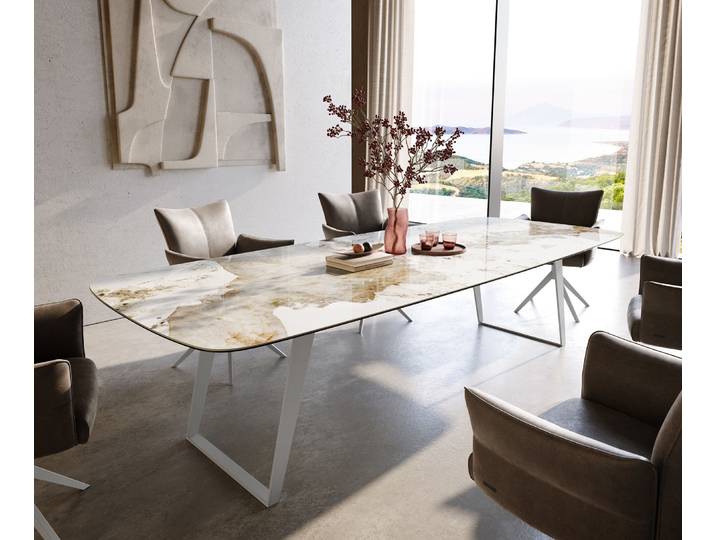 Esstisch Edge Boot 300x120 cm Keramik Minas Melange Weiß-Beige Metall Schräg Weiß, Esstische