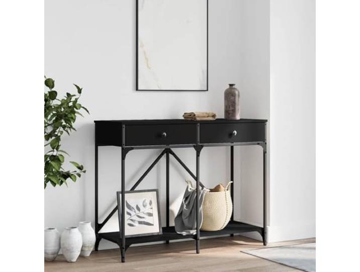 TEKGHUT Konsolentisch Schwarz 100x39x78,5 cm Holzwerkstoff mit Stahlrahmen 2 Schubladen, Ablage, Stahlrahmen, verstellbare Beine, Wandhalterung