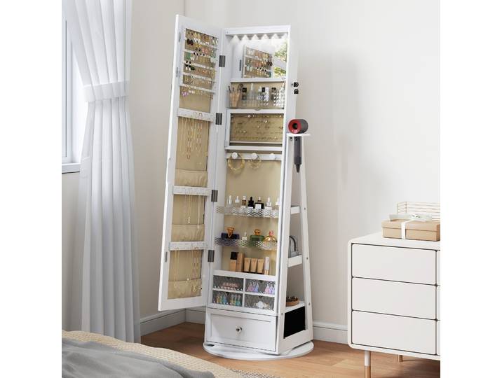 HOMCOM Armoire à Bijoux Pivotante 360° Miroir Pleine Longueur Blanc