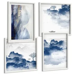 BILDER SET 4er Set - 50x50 cm & 40x60 cm Weißer Rahmen - Berge, Wolken, Bäume, Vögel im Hintergrund